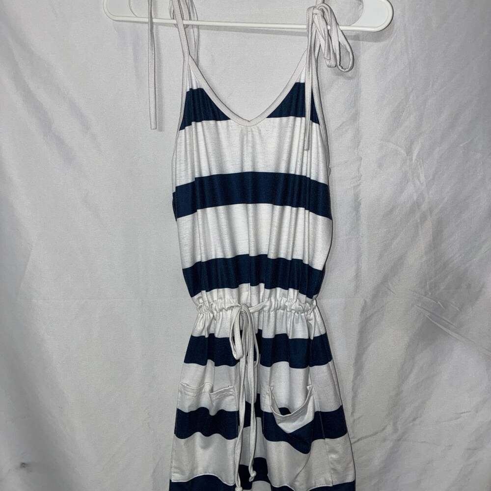 Belinda Women's Nautical Navy and White Striped V-Neck Mini Dress with Tie Strap